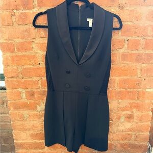 Alice + Olivia Black Tuxedo Lace Panel Romper Size Small